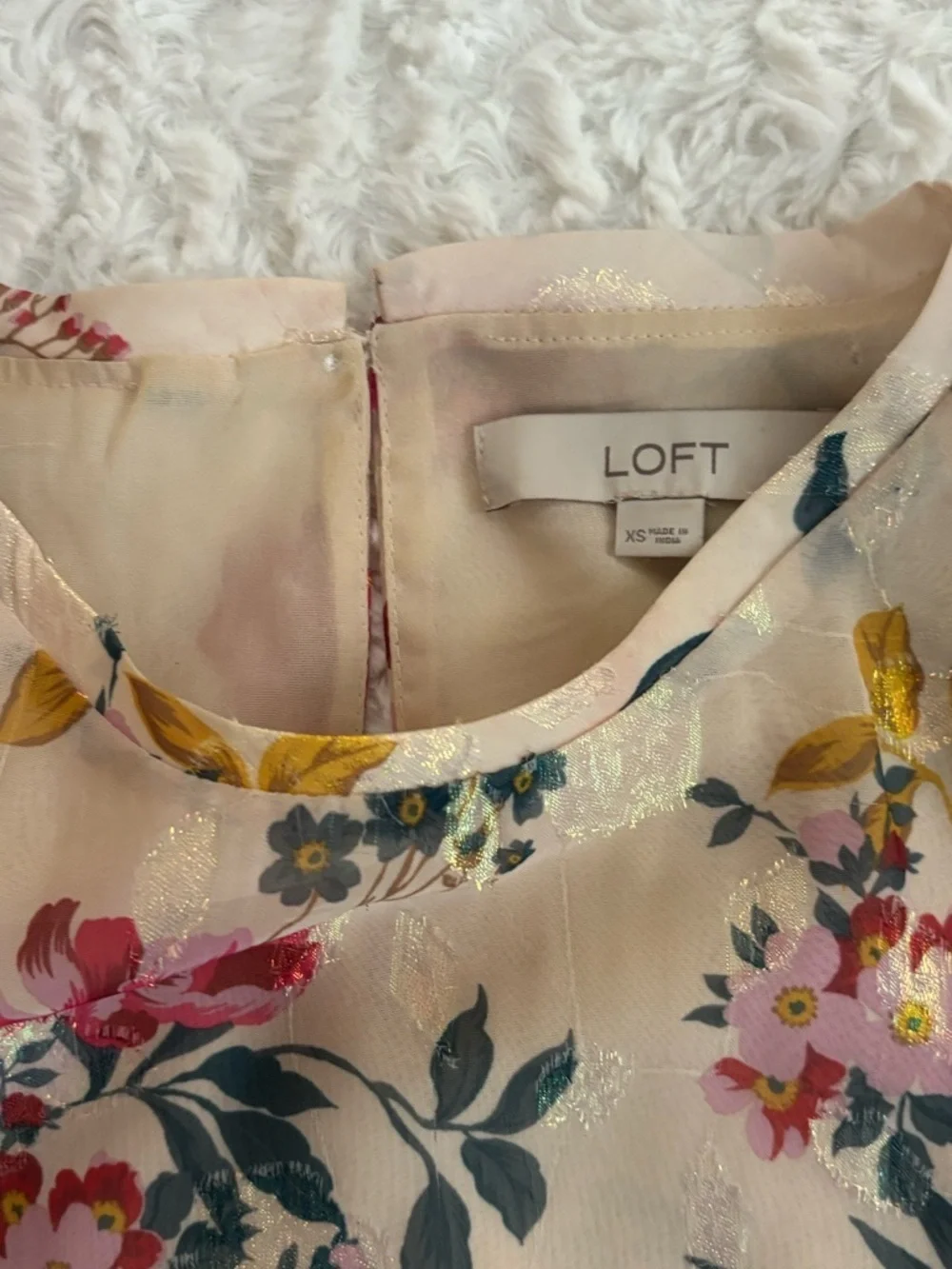 LOFT Cream Sheer Floral Blouse with Pink & Gold Accents